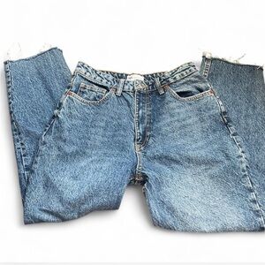 High-waisted, Zara blue jeans with frayed hems